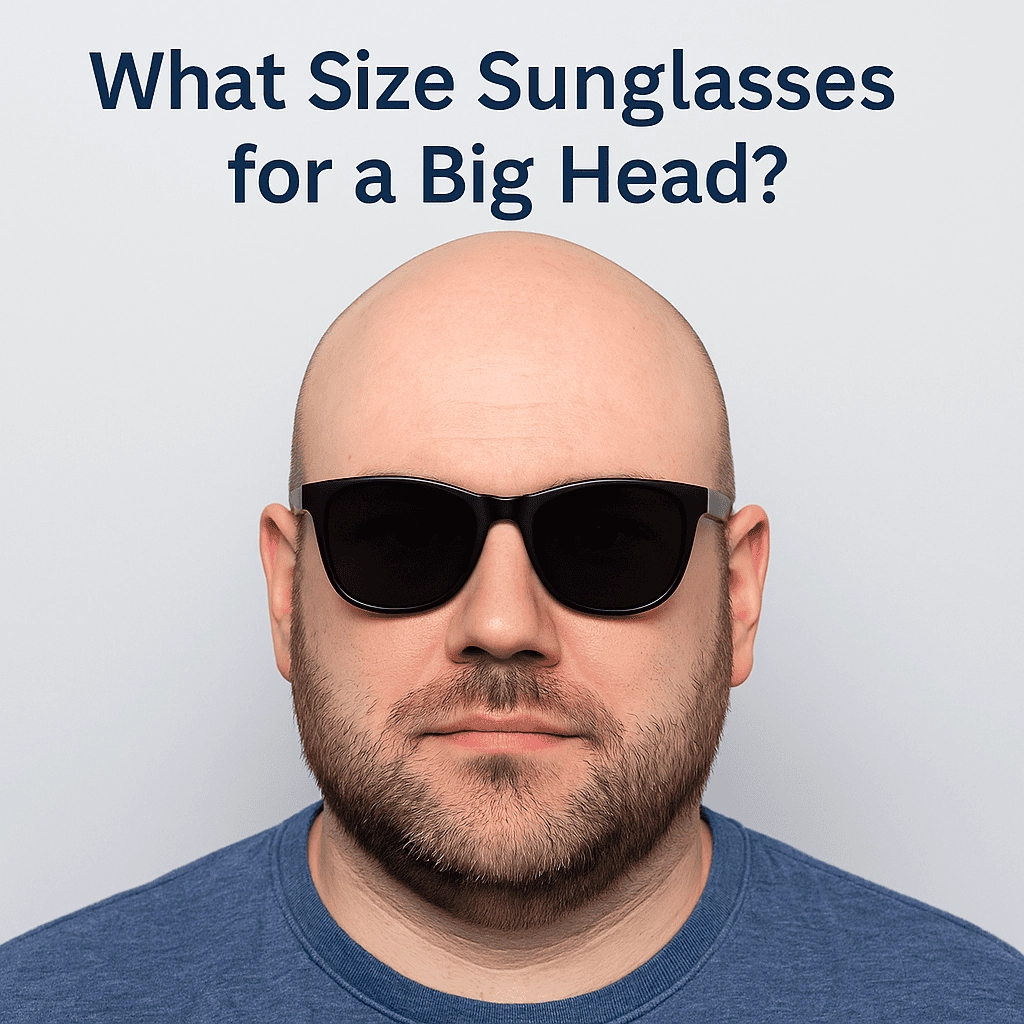 A bald man with a large head wears oversized black sunglasses and a blue shirt, standing against a light gray background. The title above him reads, “What Size Sunglasses for a Big Head?” in bold dark blue font.