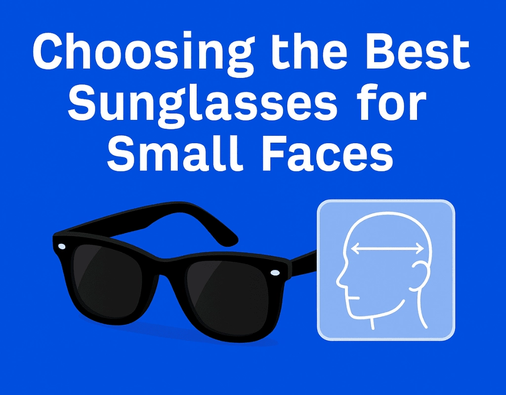 An infographic titled 'Choosing the Best Sunglasses for Small Faces' featuring black wayfarer sunglasses and a simple line drawing of a head with measurement indicators. The background is blue with bold, white text.