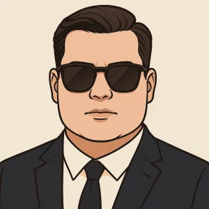 A clean vector illustration of a professional man with a wide face wearing black wayfarer sunglasses. He has neatly combed dark hair and thick eyebrows, dressed in a navy blazer, white shirt, and black tie, set against a light beige background.