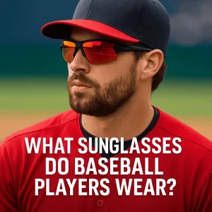 A focused baseball player with a thick beard, wearing wraparound sunglasses with orange-red mirrored lenses, a red baseball cap, and a red jersey. The player is standing in front of a blurred stadium backdrop. Bold white text at the bottom reads, 'WHAT SUNGLASSES DO BASEBALL PLAYERS WEAR?'