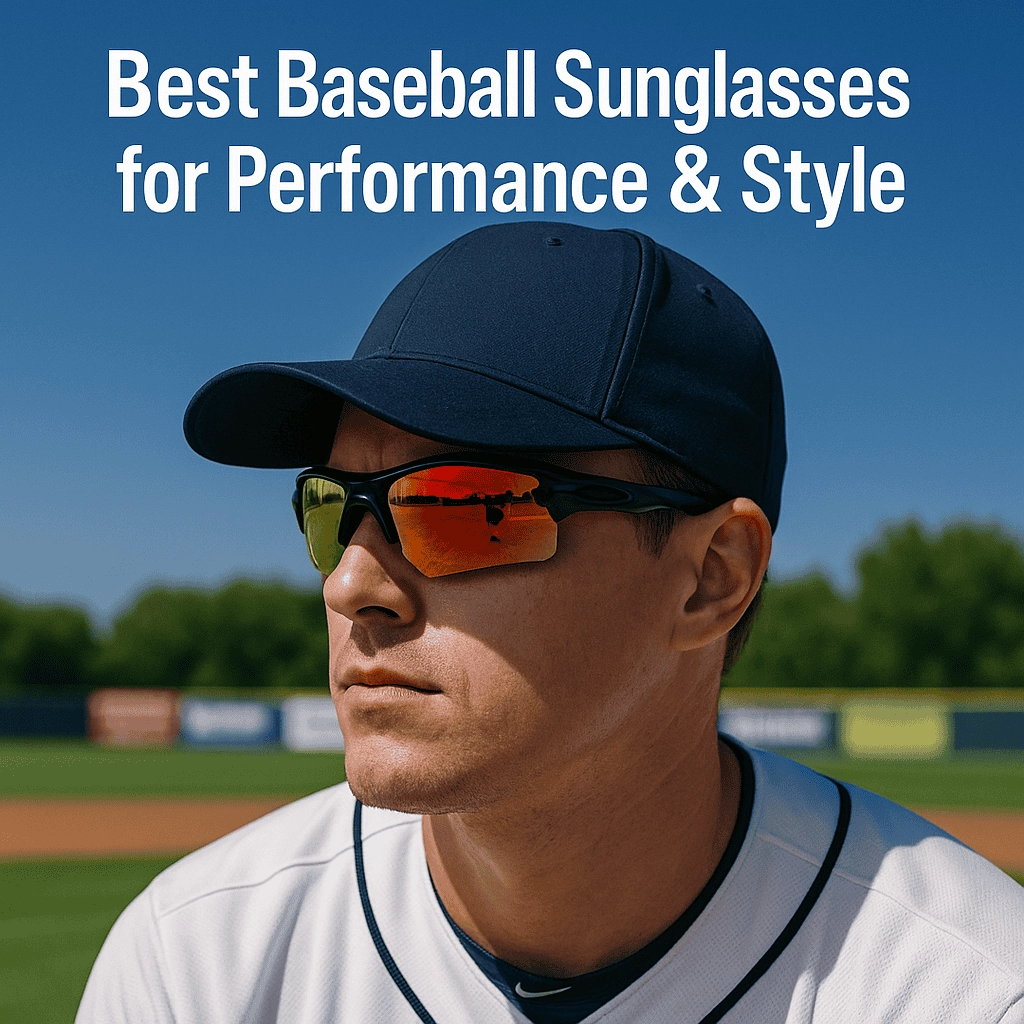The image shows a focused baseball player wearing mirrored sunglasses, with the phrase "Best Baseball Sunglasses for Performance & Style" prominently displayed in bold text. The player’s expression reflects determination as he stands against the blurred backdrop of a sunny baseball field, wearing a navy cap and a white jersey. The reflective lenses highlight the vibrant colors of the environment.