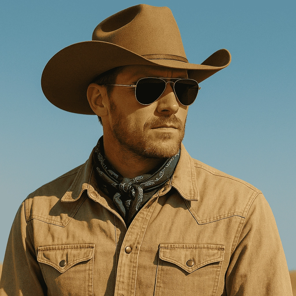 A rugged cowboy wearing aviator sunglasses and a brown felt hat stands confidently under a clear blue sky. He is dressed in a beige denim shirt and a blue paisley bandana, reflecting a modern Western style with a classic cowboy attitude.