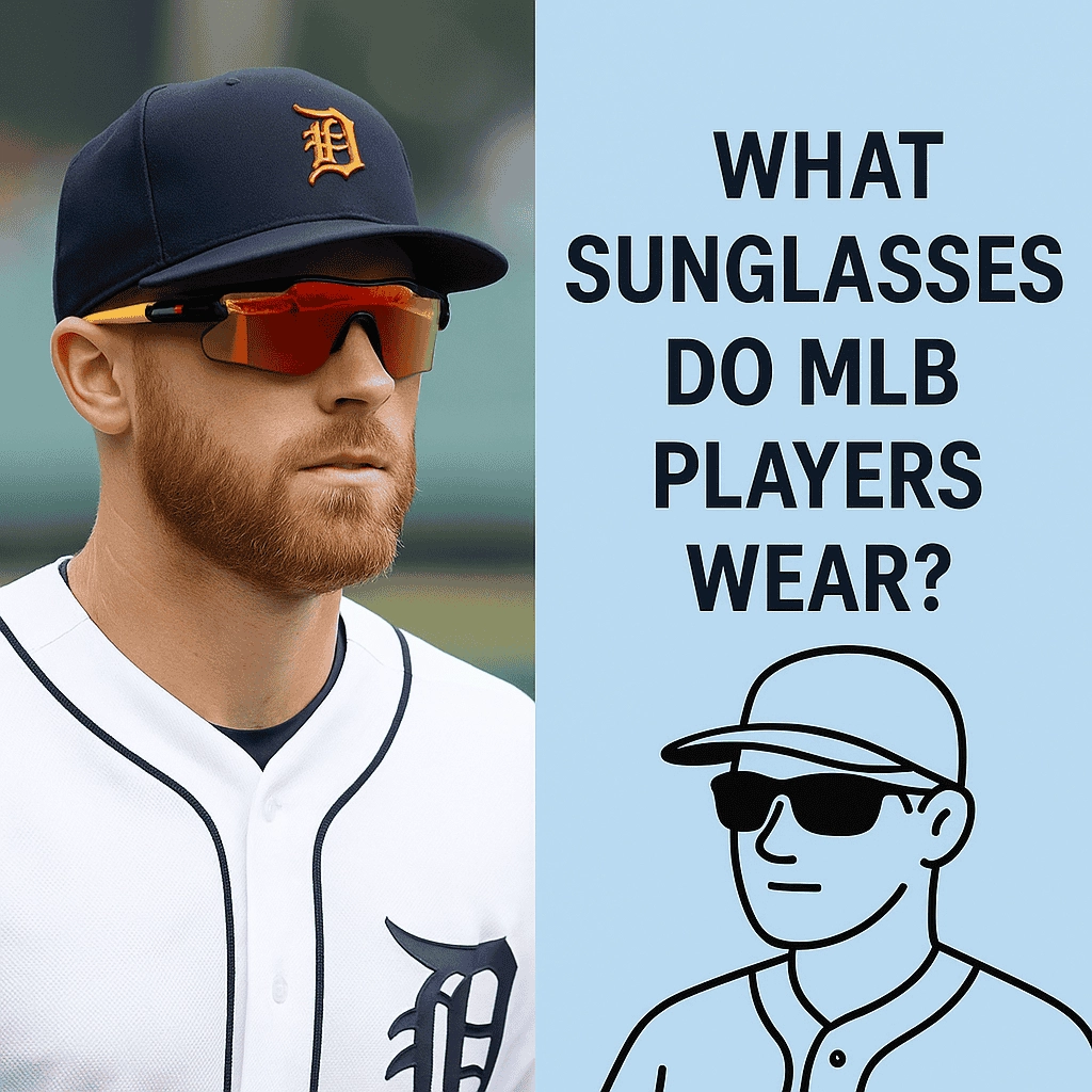 A professional MLB player wearing sunglasses on the field, with a simple line illustration of a player wearing sunglasses beside him. The bold text "WHAT SUNGLASSES DO MLB PLAYERS WEAR?" is displayed next to the illustration.