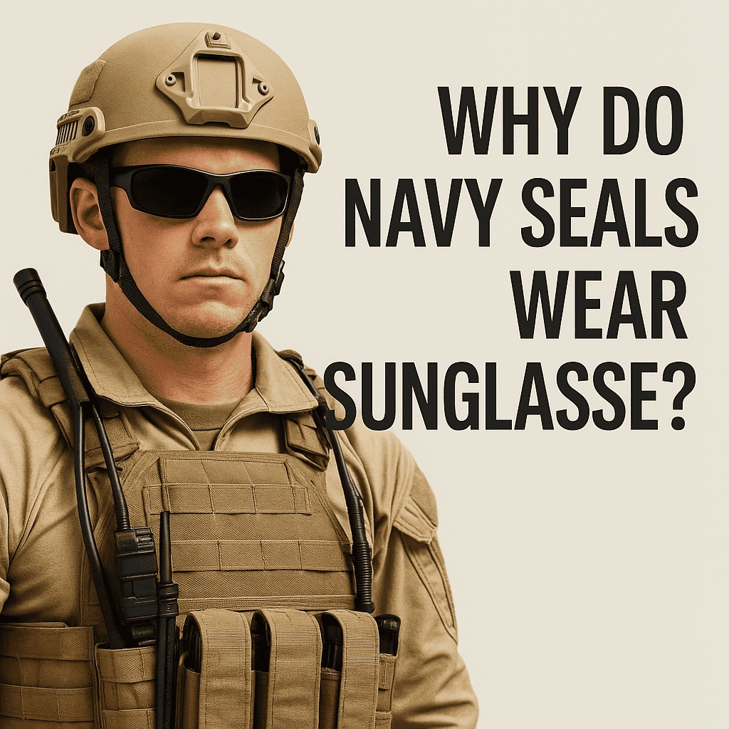 The image features a Navy SEAL wearing tactical gear, including a beige combat shirt, a vest, and wraparound sunglasses. He has short cropped hair beneath a beige tactical helmet and a rifle slung across his back. The bold text on the right side reads, "WHY DO NAVY SEALS WEAR SUNGLASSES?"