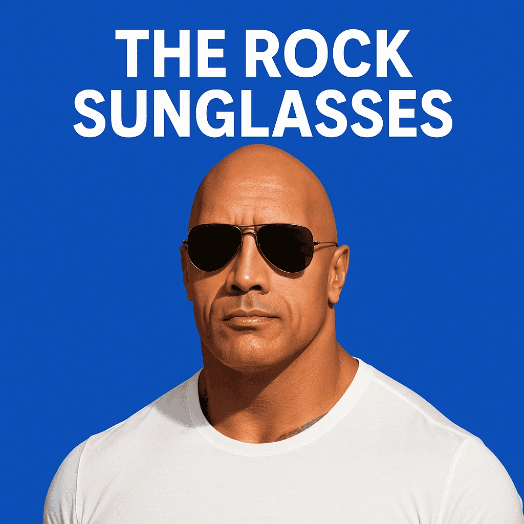 The image shows Dwayne "The Rock" Johnson wearing aviator sunglasses and a white crew-neck t-shirt against a bold blue background. He strikes a confident pose, looking directly into the camera with a serious expression. The text "THE ROCK SUNGLASSES" is prominently displayed in bold white letters above his head.