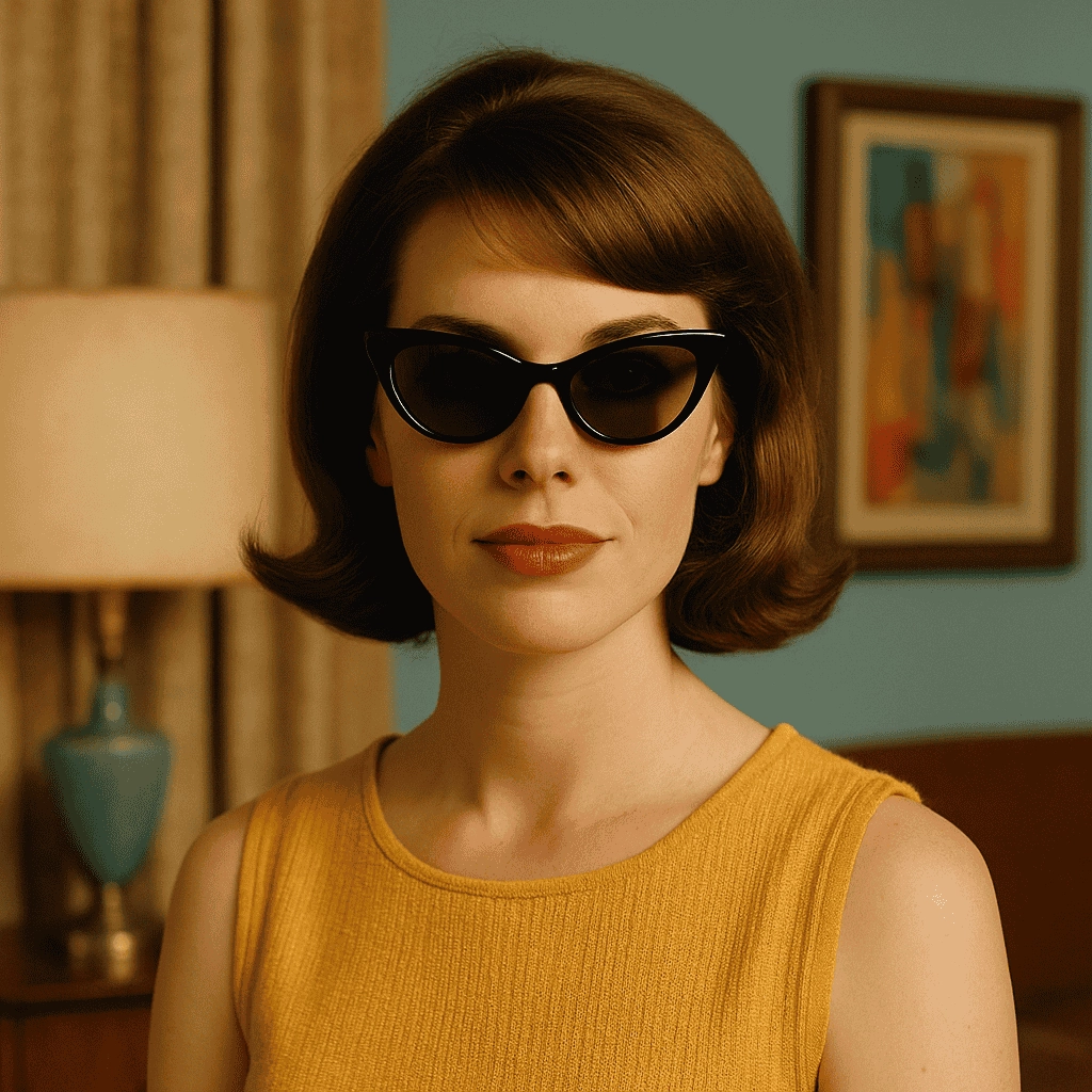 A mid-century–style portrait of a woman wearing black 1960s cat-eye sunglasses and a mustard-yellow sleeveless top, set against a room with vintage décor featuring a lamp and framed abstract artwork.