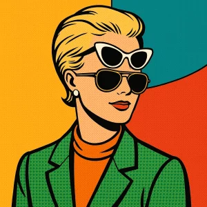 A pop-art style illustration of a stylish 1960s woman wearing three pairs of vintage sunglasses—white cat-eye, gold-rimmed aviator, and black round frames—set against a vibrant mustard yellow, teal, and red background, with the figure dressed in a green houndstooth blazer and orange turtleneck.