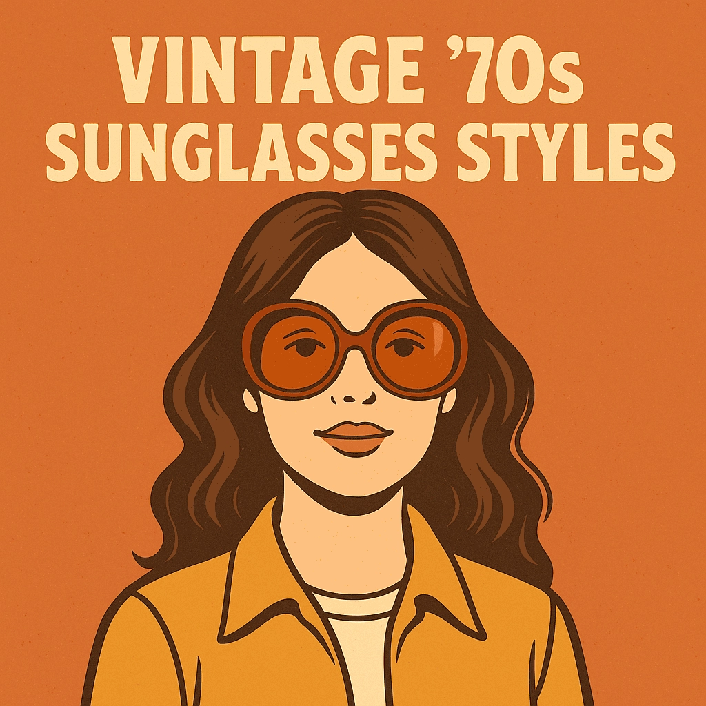 A retro-inspired digital illustration of a young woman wearing oversized amber-tinted sunglasses from the 1970s. She is dressed in a mustard-colored shirt with a white undershirt, and her wavy hair complements the vintage aesthetic. The background is orange with dotted patterns, and the bold, distressed text reads 'VINTAGE '70s SUNGLASSES STYLES,' capturing the essence of 1970s fashion.
