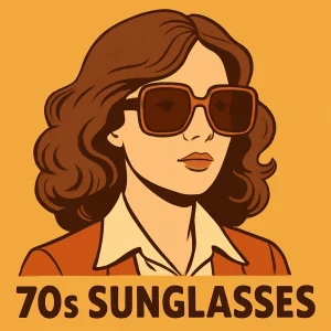 A retro-style digital illustration of a young woman with fair skin wearing large, square sunglasses from the 70s. She has wavy, chestnut brown hair and is dressed in a cream top with a burnt orange blazer. The background is a warm golden-yellow, and the text '70s SUNGLASSES' is bolded beneath her.