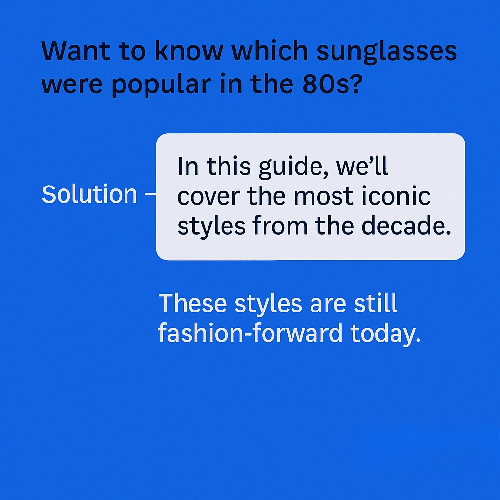 A digital graphic on a blue background with three sections. The top section asks, "Want to know which sunglasses were popular in the 80s?" The middle section provides a solution, stating, "In this guide, we'll cover the most iconic styles from the decade." The bottom section emphasizes that "These styles are still fashion-forward today."