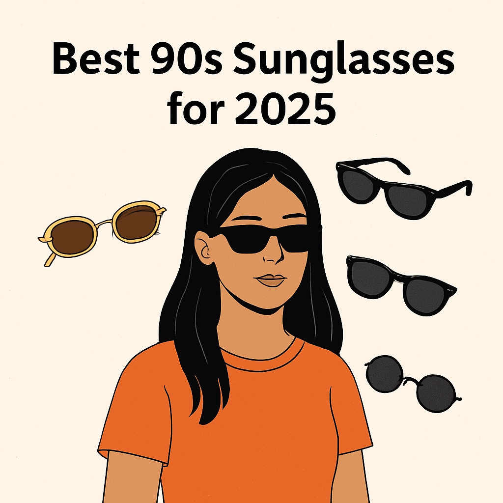 A digital illustration showing the title 'Best 90s Sunglasses for 2025' in bold, black sans-serif font against a cream-colored background. The image features a young woman in a bright orange T-shirt, wearing black rectangular sunglasses. Surrounding her are various iconic 90s sunglasses, including oval, cat-eye, wayfarer, and round wireframe styles, arranged in a clean, minimalistic design with a color palette of black, gold, and brown.