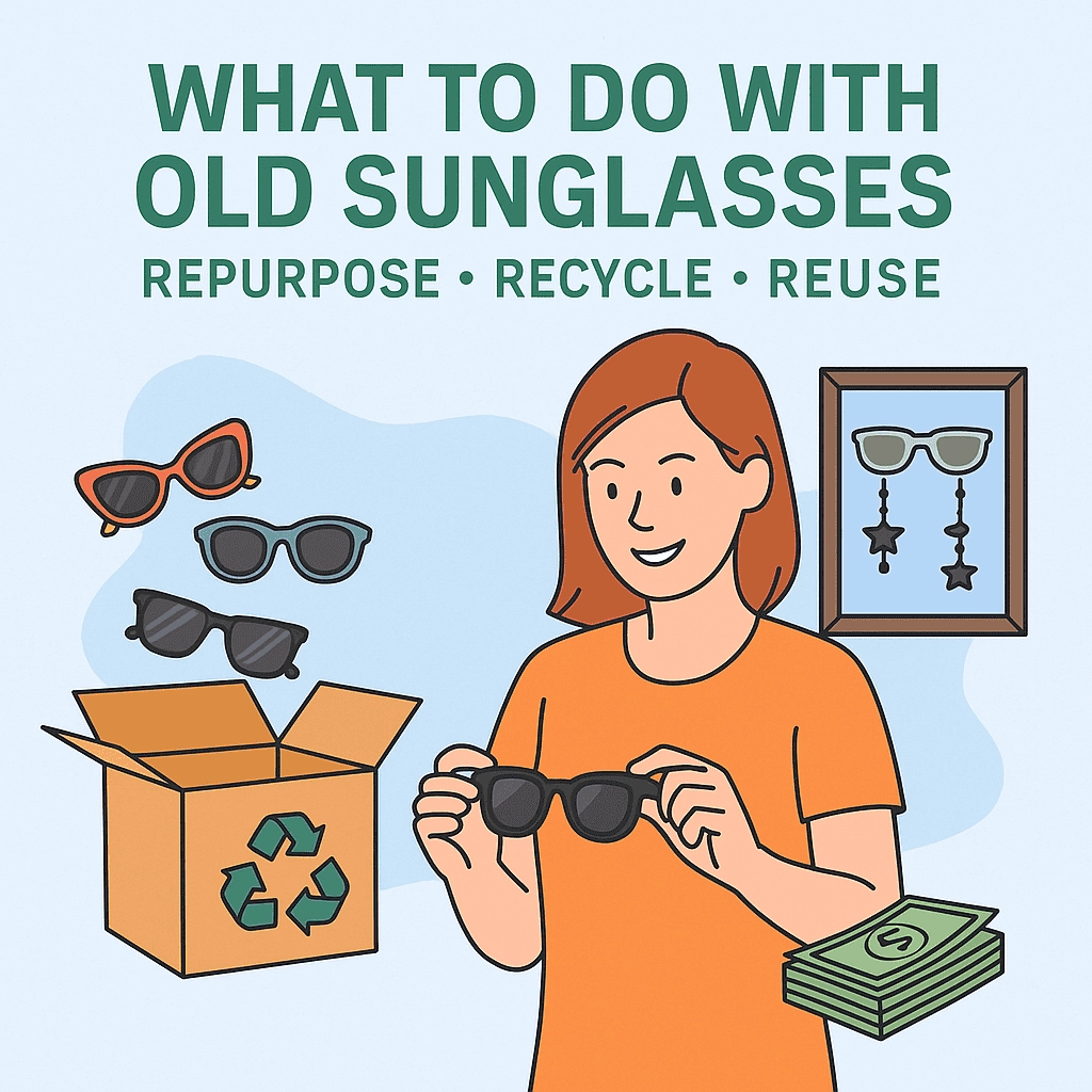 The image shows a digital illustration of a young woman with auburn hair, wearing an orange shirt, smiling as she holds a pair of black sunglasses. Surrounding her are various sunglasses, a recycling box with the recycling symbol, and a framed craft project made from old sunglasses. The text above her reads "WHAT TO DO WITH OLD SUNGLASSES," with the words "REPURPOSE," "RECYCLE," and "REUSE" displayed in bold, green letters.