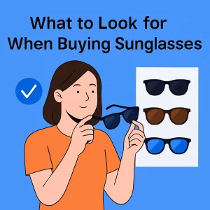The image shows a young woman with shoulder-length brown hair and a light complexion, wearing an orange T-shirt. She is holding a pair of black rectangular sunglasses in her right hand, standing in front of a white grid that displays three other pairs of sunglasses. Above her, bold text reads "What to Look for When Buying Sunglasses."