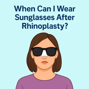 A digital illustration of a woman with light skin and brown shoulder-length hair, wearing black sunglasses and a white bandage across the bridge of her nose. The image includes the bold text 'When Can I Wear Sunglasses After Rhinoplasty?' set against a light teal background.