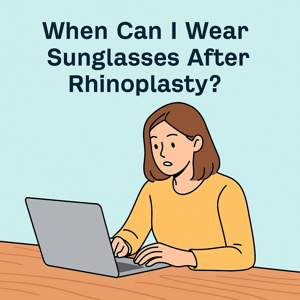 A digital illustration of a young woman with brown hair, wearing a yellow sweater, sitting at a wooden table and typing on a laptop. The background is light teal, and the bold text 'When Can I Wear Sunglasses After Rhinoplasty?' is displayed above her.