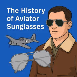 A flat-style digital illustration showing a man wearing classic aviator sunglasses and a brown flight jacket, with a vintage airplane in the background and a pair of gray aviator sunglasses displayed in the foreground. The text reads "The History of Aviator Sunglasses" on a solid blue background.