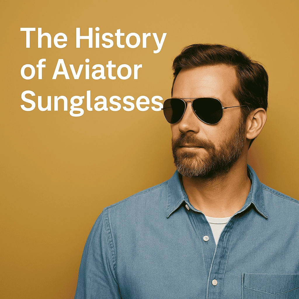 A bearded Caucasian man wearing classic aviator sunglasses and a light denim shirt stands against a solid mustard-yellow background. White text beside him reads “The History of Aviator Sunglasses.”