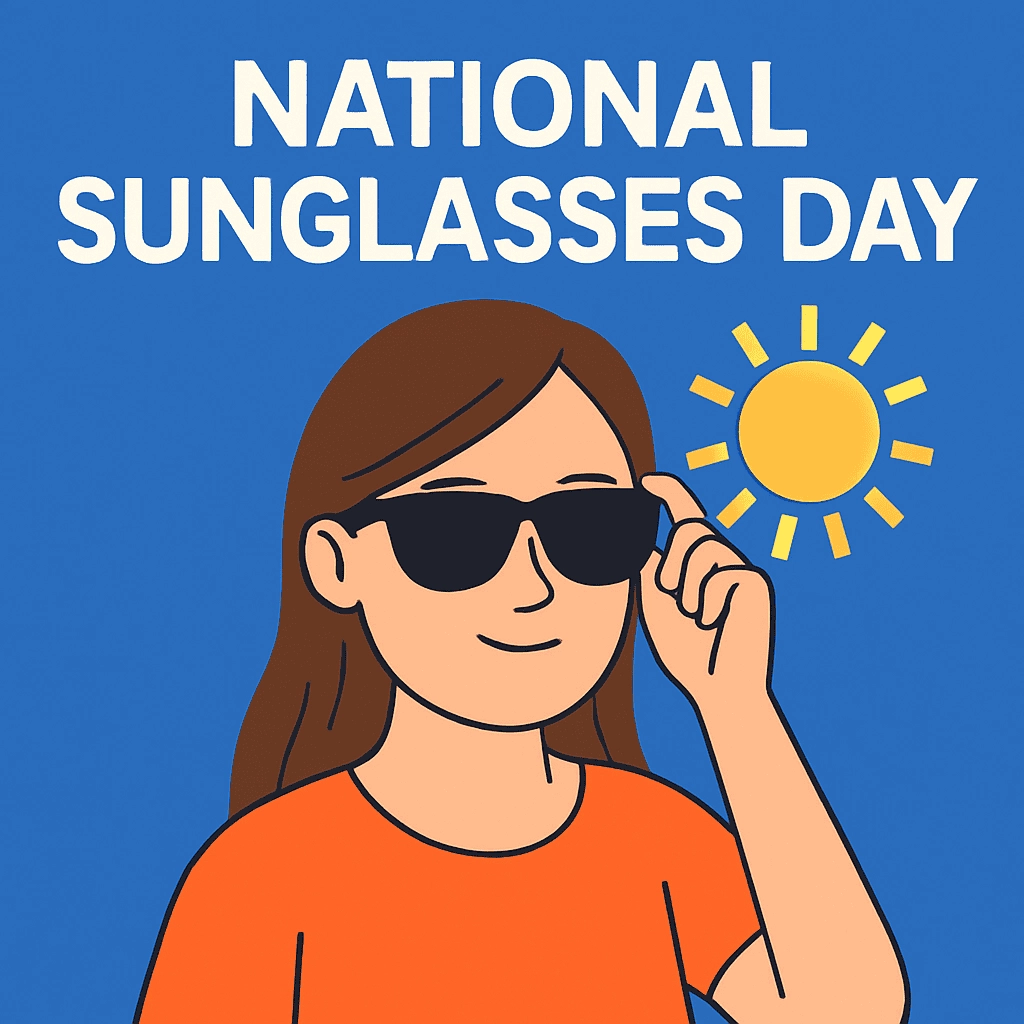 A digital illustration of a young woman with wavy dark brown hair, wearing a bright orange T-shirt and oversized black sunglasses. She is adjusting her sunglasses with a relaxed smile. The background is a bold blue, with a yellow sun icon next to her, and the text 'NATIONAL SUNGLASSES DAY' is displayed above.