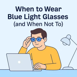 The image shows a light-skinned man adjusting his blue light glasses while sitting at a desk with a laptop. He is wearing a mustard-yellow shirt, and a minimalist desk lamp is beside him. The title "When to Wear Blue Light Glasses (and When Not To)" is displayed in bold navy text on a soft blue background above him.