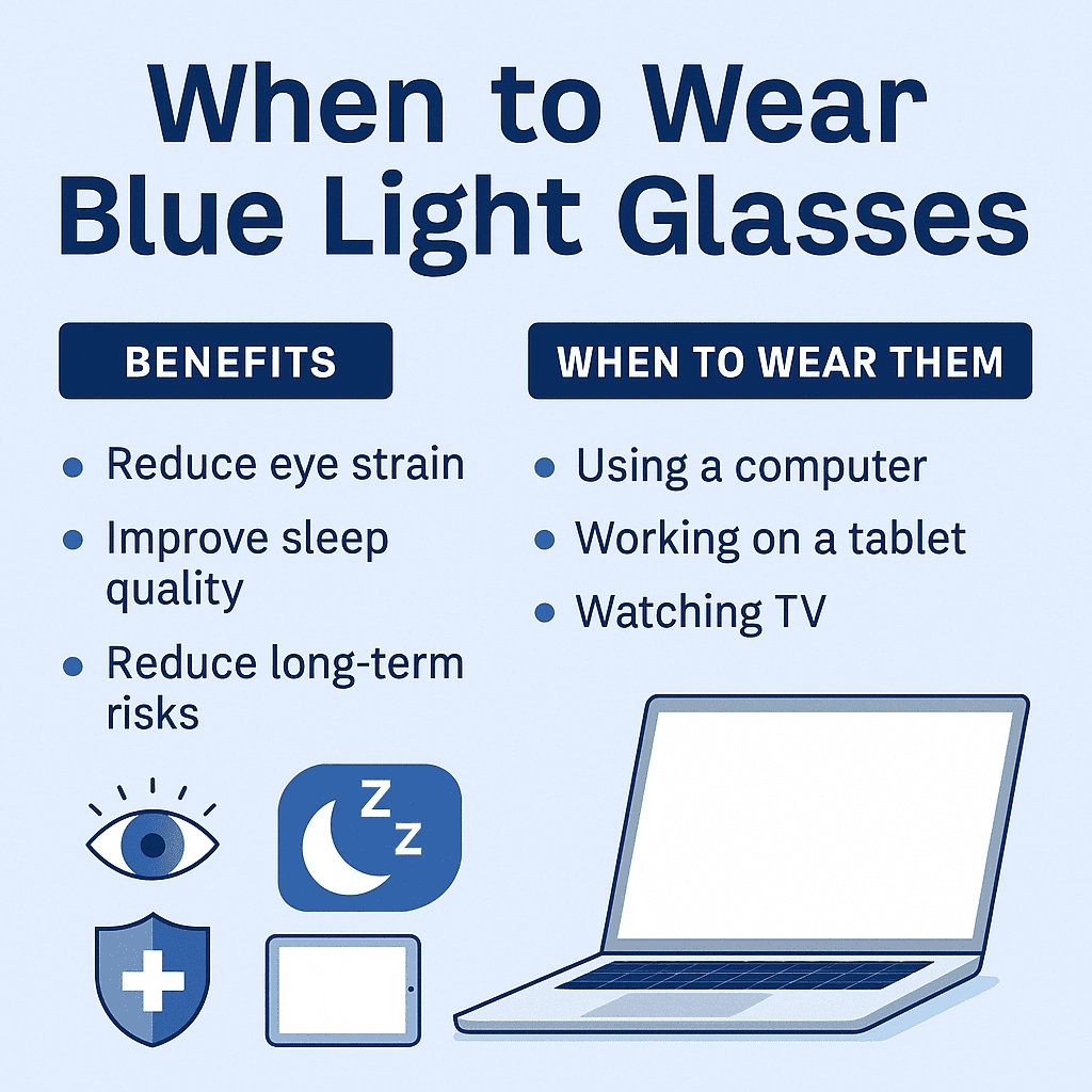 The image is a digital infographic titled "When to Wear Blue Light Glasses." It highlights the benefits of wearing blue light glasses, such as reducing eye strain, improving sleep quality, and minimizing long-term health risks. It also outlines when to wear them: while using a computer, working on a tablet, and watching TV. The infographic uses simple icons and bullet points, set against a soft blue background.