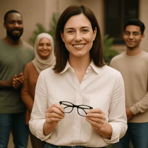 A Caucasian woman with shoulder-length chestnut hair holds a pair of black rectangular eyeglasses. Behind her, a diverse group of individuals, including an African American man, a South Asian or Middle Eastern woman, and a light-skinned young man, smile warmly as they stand together in a well-lit, natural setting.