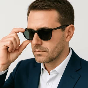 A close-up of a professionally dressed man in a navy suit and white shirt, using his right hand to adjust the fit of his black Wayfarer-style sunglasses on the bridge of his nose against a neutral background.