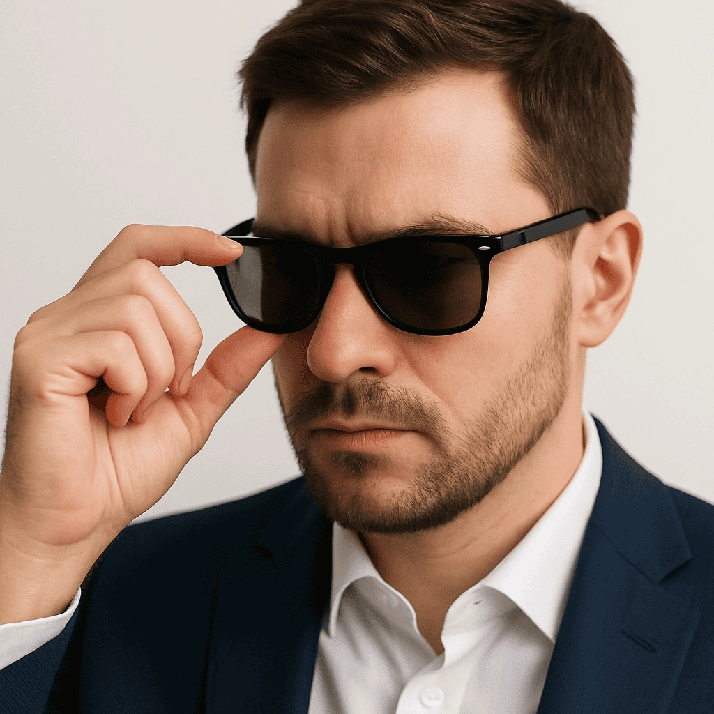 A close-up portrait of a well-groomed man in his thirties wearing a navy suit and white shirt, using his right hand to adjust the nose bridge of his black Wayfarer-style sunglasses against a neutral background.