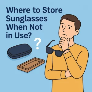 The image features a light-skinned man, wearing a mustard sweater, pondering where to store his sunglasses. He is holding a pair of sunglasses in one hand while thoughtfully resting his chin with the other hand. In the background, the question "Where to Store Sunglasses When Not in Use?" is displayed in bold, dark blue text. Next to the man, a hard-shell sunglasses case and a wooden tray are shown as potential storage options, with a large question mark between them.