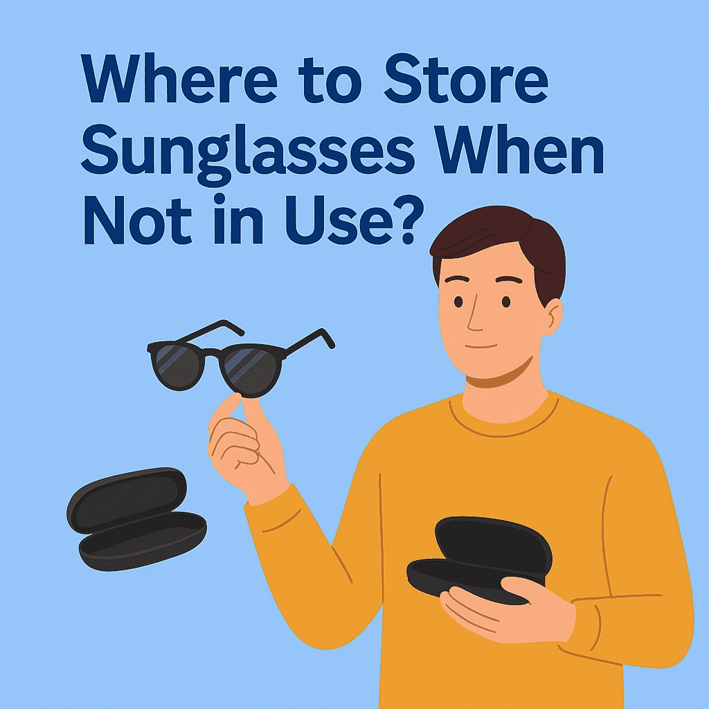 The image features a light-skinned man with neatly combed brown hair, wearing a mustard sweater. He holds a pair of sunglasses in one hand and a sunglasses case in the other, looking calm and thoughtful. The bold text "Where to Store Sunglasses When Not in Use?" is displayed above him, set against a soft light blue background. The illustration is simple, with a clean, two-dimensional style.