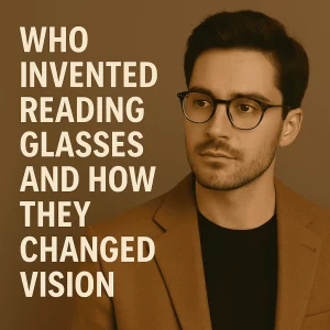 A fashionable young man with short dark hair and a well-groomed beard wears round tortoiseshell reading glasses and a camel-colored blazer over a black shirt. He looks thoughtfully to the side against a warm brown background. On the left side of the image, bold off-white text reads: “Who Invented Reading Glasses and How They Changed Vision.”