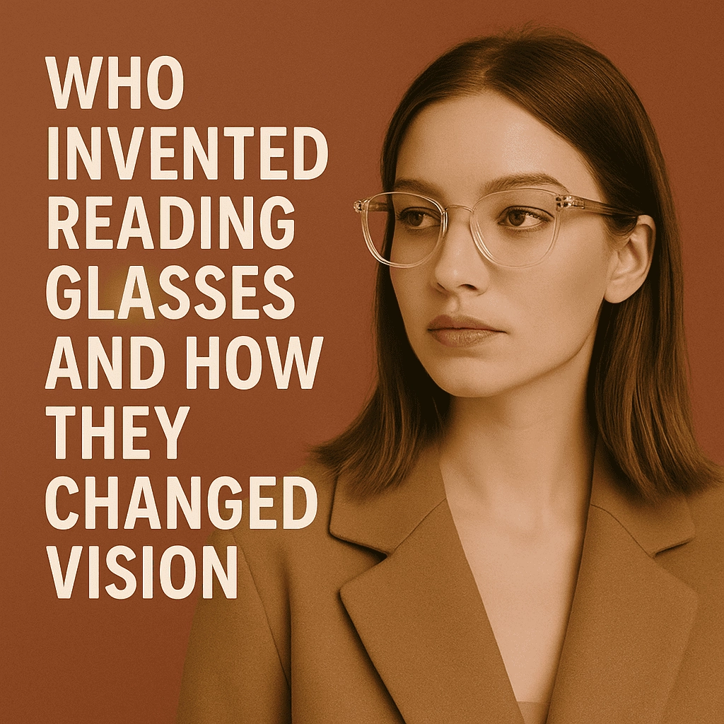 A fashionable young woman with light brown hair and hazel eyes wears clear-framed reading glasses and a camel-colored blazer. She looks calmly to the side against a warm terracotta background. Cream-colored bold text on the left reads: “Who Invented Reading Glasses and How They Changed Vision.”