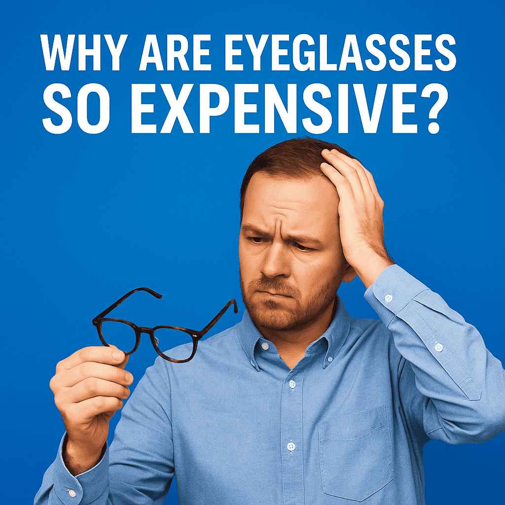 A puzzled man in his 30s with short brown hair and a beard, wearing a light blue shirt, holds a pair of tortoiseshell eyeglasses in one hand while scratching his head with the other. He stands against a solid blue background with bold white text above him that reads, "WHY ARE EYEGLASSES SO EXPENSIVE?"
