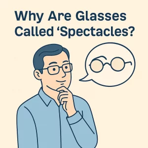 The image features a thoughtful man in a light blue shirt, wearing rectangular glasses, with one hand on his chin. Above him, in bold navy-blue text, is the question, "Why Are Glasses Called 'Spectacles'?" A speech bubble next to him contains a simple line drawing of round spectacles. The background is a soft beige with subtle dotted textures, giving the image a clean, minimalist design.