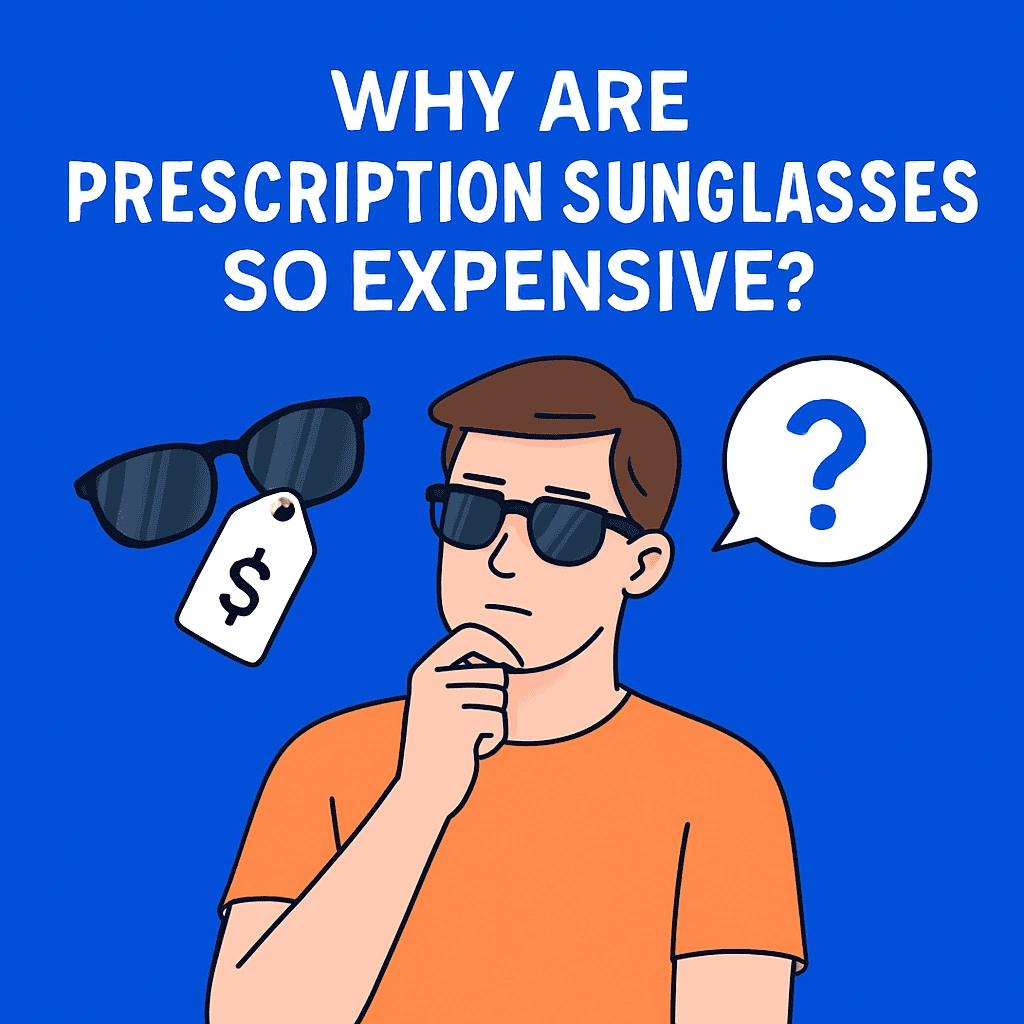 The image features a minimalist digital illustration of a thoughtful young man with short brown hair, wearing black-framed prescription sunglasses. He is striking a pose with his finger on his chin, looking up in contemplation. Above him is the bold question, "WHY ARE PRESCRIPTION SUNGLASSES SO EXPENSIVE?", with an illustration of sunglasses and a price tag to the left. A speech bubble containing a question mark is also visible. The design is set against a clean blue background, with a limited color palette, emphasizing the simplicity and modern style of the illustration.