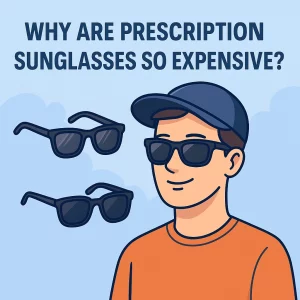 A digital illustration of a young man with light skin and short dark hair, wearing black prescription sunglasses and an orange T-shirt. Floating next to him are a pair of non-prescription Wayfarer sunglasses. The text "WHY ARE PRESCRIPTION SUNGLASSES SO EXPENSIVE?" is displayed in bold, clean, light blue font above.