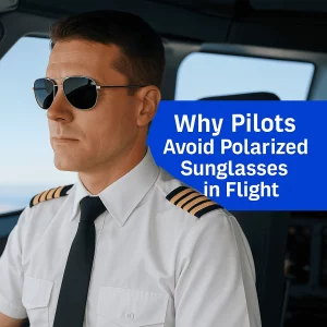 A professional male pilot wearing non-polarized aviator sunglasses sits in the cockpit with a focused expression. He is dressed in a white uniform shirt with black shoulder epaulets and a black tie. The cockpit windows reveal a clear blue sky. Overlaid text reads: “Why Pilots Avoid Polarized Sunglasses in Flight.”