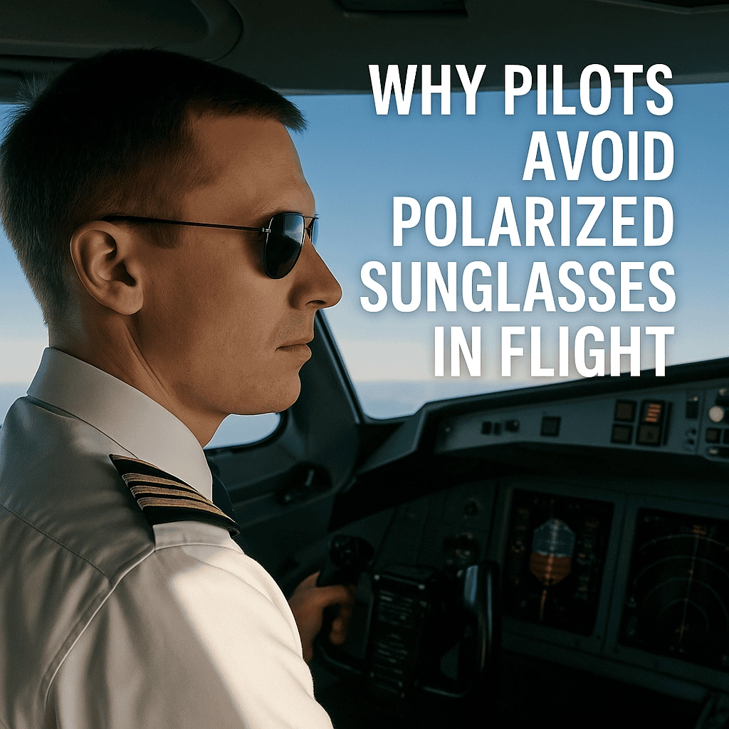 A commercial airline pilot wearing aviator sunglasses is seated in the cockpit, looking out the window with a focused expression. The cockpit's instrument panel is visible in front of him, and bold white text on the image reads: "WHY PILOTS AVOID POLARIZED SUNGLASSES IN FLIGHT." The background shows a clear blue sky, emphasizing the aviation setting.