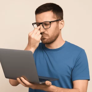 A digital photograph featuring a Caucasian man wearing blue light glasses, working on a laptop in a well-lit indoor environment, focusing on the screen. The setting suggests a modern office or home workspace.
