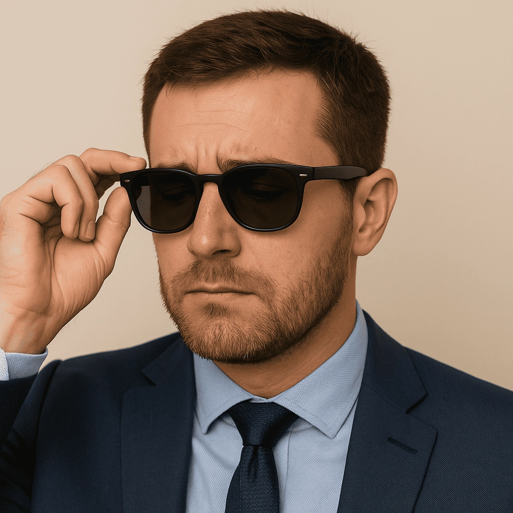 A professional-looking man in a navy suit and tie adjusts black wayfarer-style sunglasses on his face, revealing a faint red mark on his nose bridge as he inspects the fit with a concerned expression.