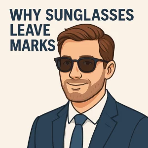 A clean vector illustration of a well-dressed professional man wearing dark Wayfarer-style sunglasses. He has neatly styled brown hair and a trimmed beard, and a subtle red indentation on the bridge of his nose where the glasses rest. The background is light, and bold navy text at the top reads “WHY SUNGLASSES LEAVE MARKS.”