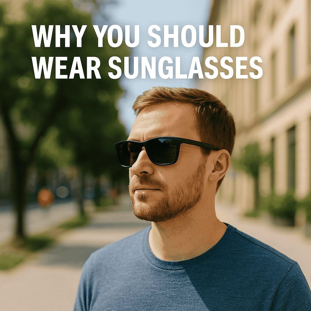 A man in his early 30s wearing black sunglasses and a casual blue T-shirt stands outdoors in front of a blurred city background. He gazes off to the left with a relaxed expression, highlighted by natural sunlight. The text "WHY YOU SHOULD WEAR SUNGLASSES" is displayed in bold white letters above him.