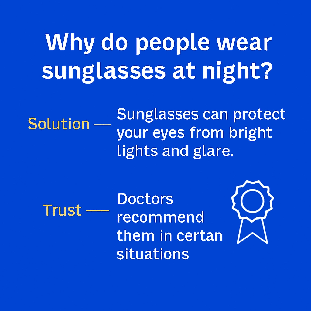 Graphic featuring the question 'Why do people wear sunglasses at night?' in bold white text on a blue background. Below, two sections are labeled: 'Solution' in orange text, explaining that sunglasses can protect your eyes from bright lights and glare, and 'Trust' in yellow text, stating that doctors recommend sunglasses in certain situations. Simple vector illustrations accompany each section.