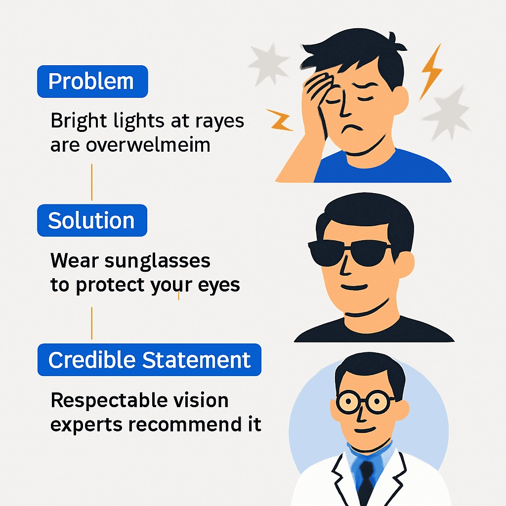 A flat, digital illustration divided into three sections: 'Problem,' 'Solution,' and 'Credible Statement.' The 'Problem' section features a stylized character with a headache, symbolizing the overwhelming bright lights at raves. The 'Solution' section shows a character wearing sunglasses to protect their eyes. The 'Credible Statement' section features a doctor in glasses, affirming that respectable vision experts recommend wearing sunglasses for eye protection.