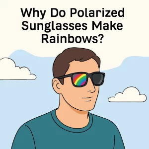 A digital illustration of a man with short brown hair, light skin, and a teal shirt, wearing polarized sunglasses with a rainbow reflection in the lenses. The background features a soft blue sky with clouds. The image highlights the rainbow effect in the sunglasses and conveys a sense of curiosity and style.