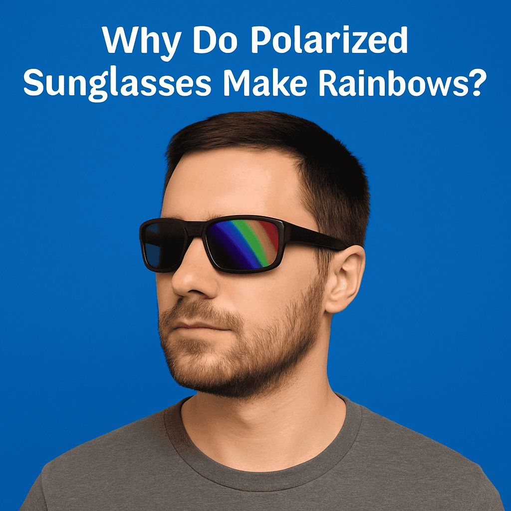 A young Caucasian man wearing sleek black polarized sunglasses with rainbow-colored lenses, transitioning from red to violet. He has short dark brown hair and a well-groomed beard, and he is dressed in a casual gray T-shirt. The background is vibrant blue, with the question "Why Do Polarized Sunglasses Make Rainbows?" displayed above him.
