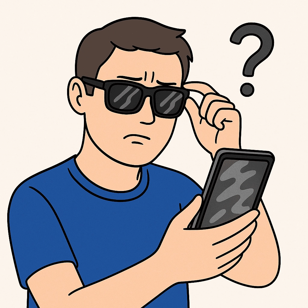 A digital illustration of a light-skinned man with short dark brown hair, wearing glossy black rectangular sunglasses. He appears confused while examining his smartphone, with a distorted screen display. He is adjusting his sunglasses with one hand, and a question mark floats above his head, symbolizing his confusion.