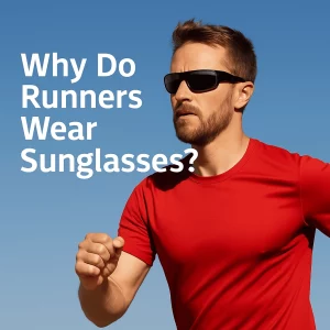 The image shows a focused male runner in his late 30s or early 40s, wearing sleek black sunglasses and a red athletic shirt. He is captured mid-stride against a clear blue sky, with bold white text beside him that reads, "Why Do Runners Wear Sunglasses?"