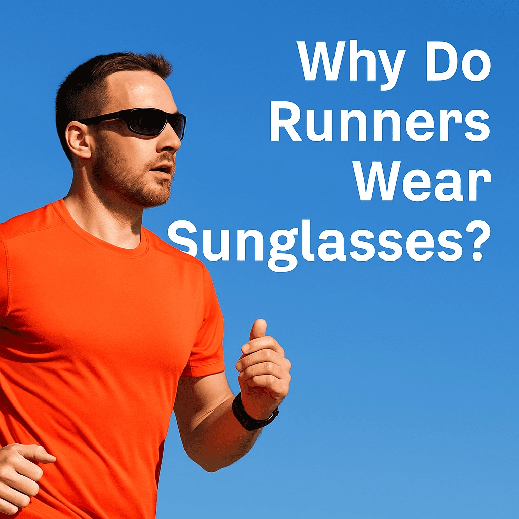 The image features a determined male runner wearing sleek black sunglasses and a bright red athletic shirt, mid-stride against a clear blue sky. Bold white text next to him reads, "Why Do Runners Wear Sunglasses?"