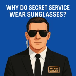 The image shows a close-up illustration of a Secret Service agent wearing aviator sunglasses and a black suit. The agent has a neatly combed hairstyle and a "SECRET SERVICE" badge on his suit. A coiled earpiece is visible behind his left ear. The background is vibrant blue with white text at the top reading: "WHY DO SECRET SERVICE WEAR SUNGLASSES?".