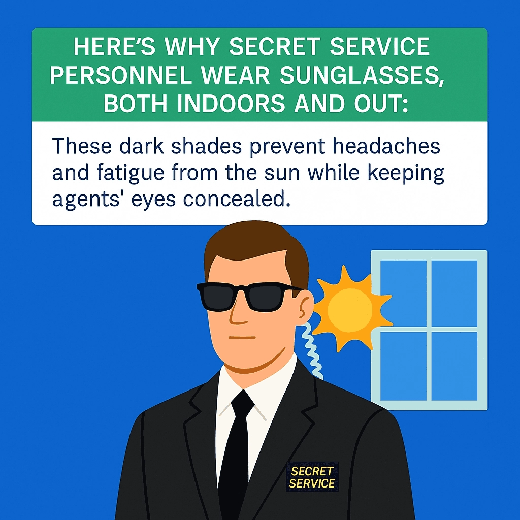 The image is a digital illustration showing a Secret Service agent wearing sunglasses. The agent is dressed in a formal black suit with a "SECRET SERVICE" badge, standing against a blue background. Next to the agent, there is a stylized sun and a window. The text above reads: "HERE’S WHY SECRET SERVICE PERSONNEL WEAR SUNGLASSES, BOTH INDOORS AND OUT: These dark shades prevent headaches and fatigue from the sun while keeping agents' eyes concealed."